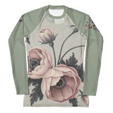 Roll Gear women's long sleeve rash guard in sage green with a vintage floral print. Moisture-wicking and UPF protective.