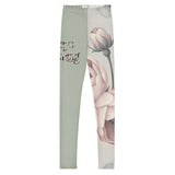 Roll Gear youth leggings in sage green with vintage floral artwork and "Always Blooming" text. Four-way stretch microfiber.