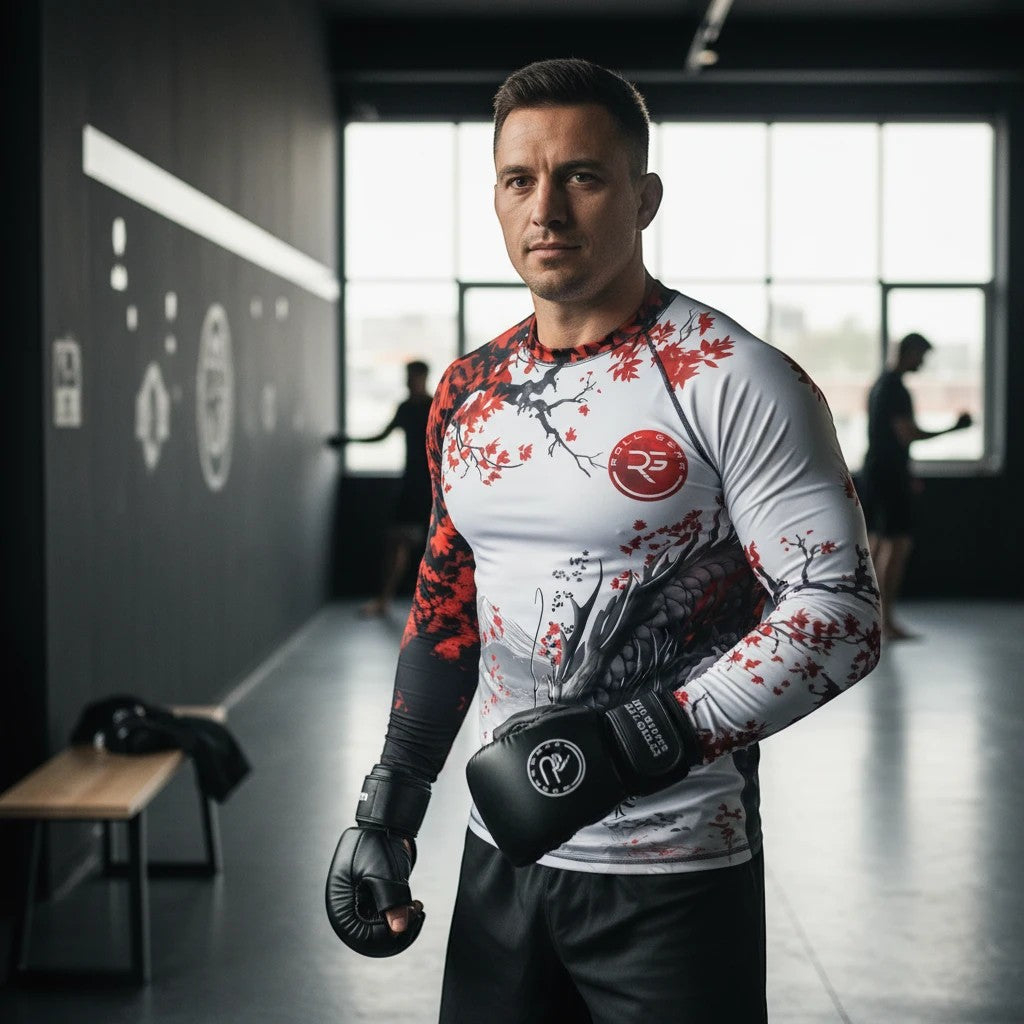 Roll Gear Shadow Dragon Warrior men's LS rash guard in white & crimson — BJJ compression, dragon print, front.
