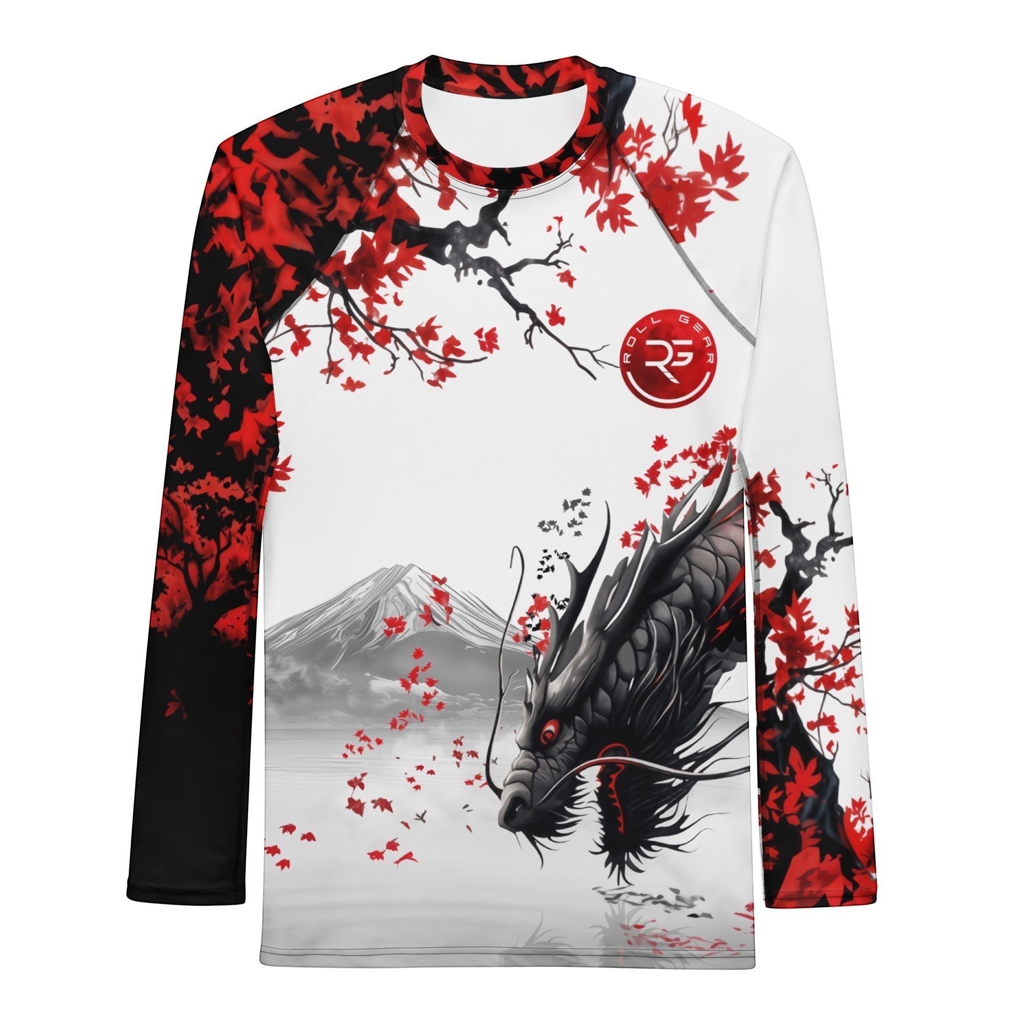Roll Gear Shadow Dragon Warrior men's LS rash guard in white & crimson — BJJ compression, dragon print, back.