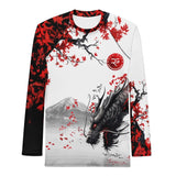 Roll Gear Shadow Dragon Warrior men's LS rash guard in white & crimson — BJJ compression, dragon print, back.
