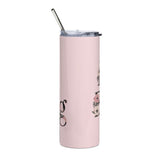 Roll Gear light pink stainless steel 20 oz tumbler with floral accents and metal straw. Features "Always Blooming" text.