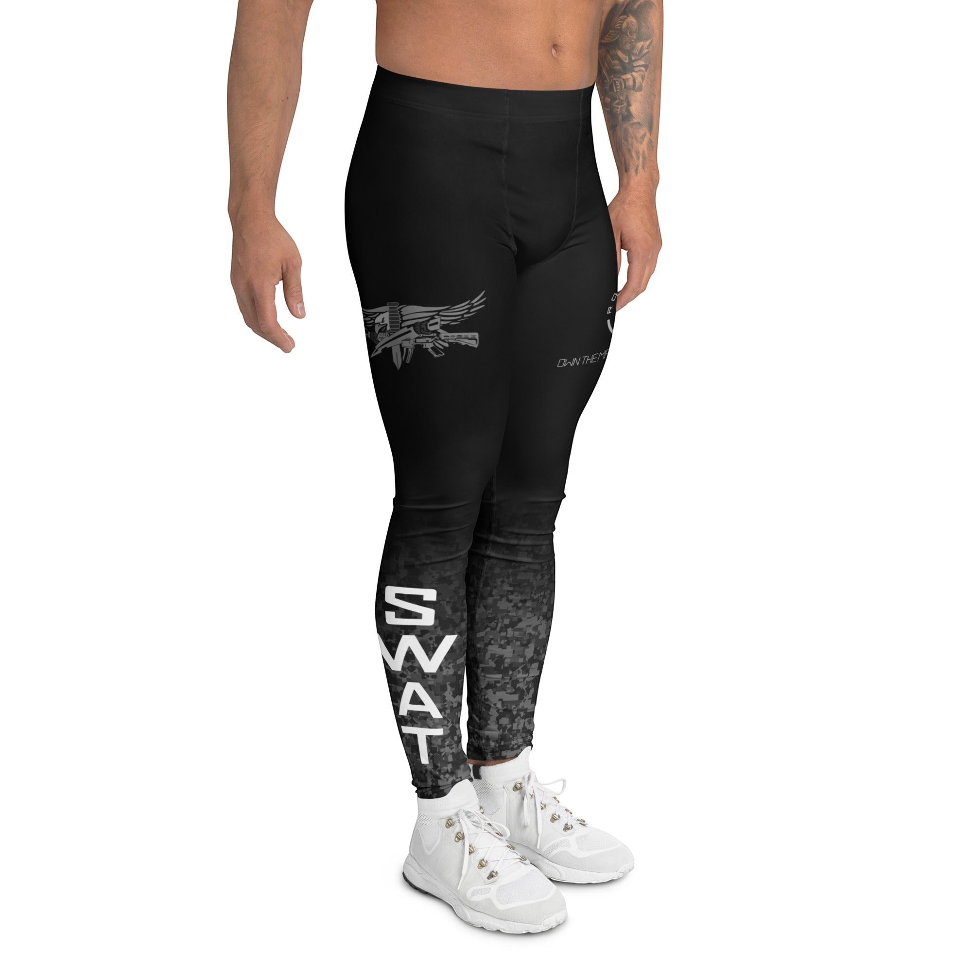 Roll Gear Men's SWAT Compression Spats, worn by a model, angled front view.