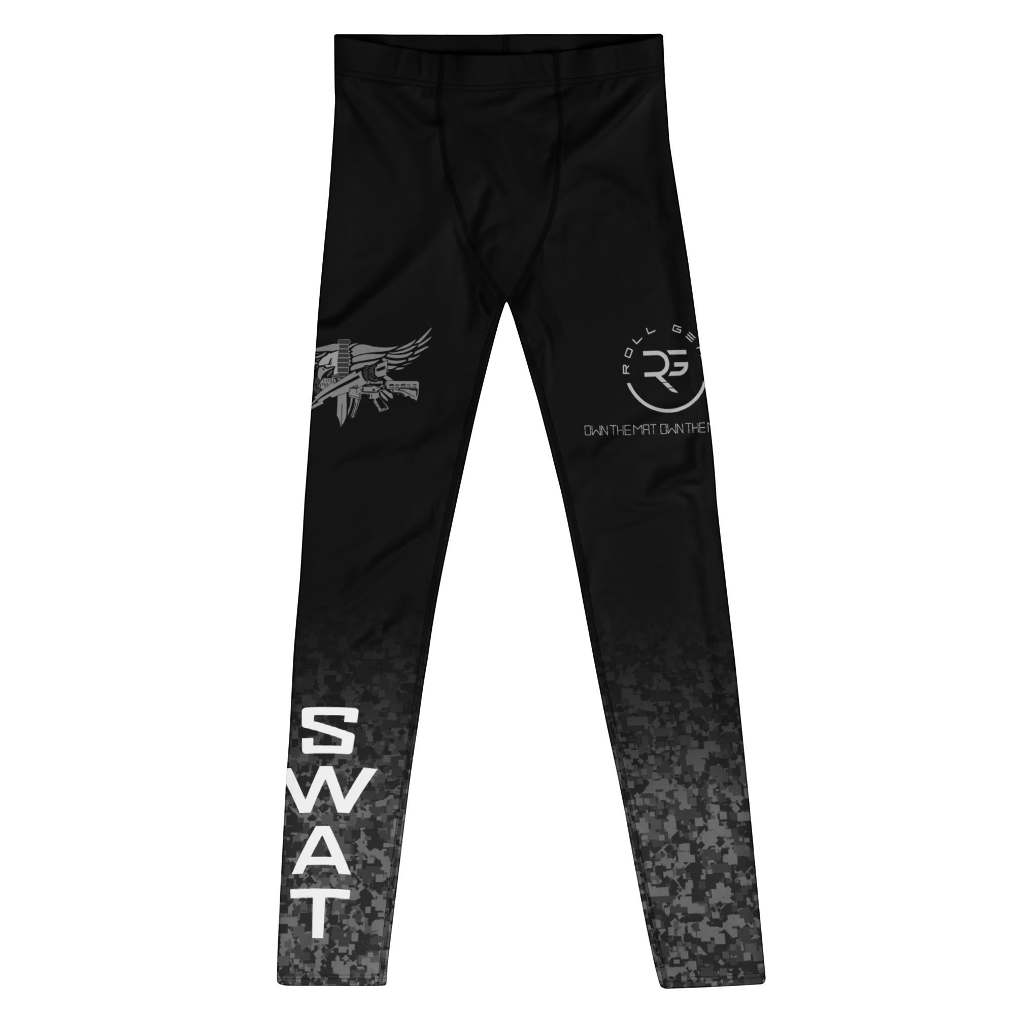 Roll Gear Men's SWAT Compression Spats, flat back view, SWAT text.