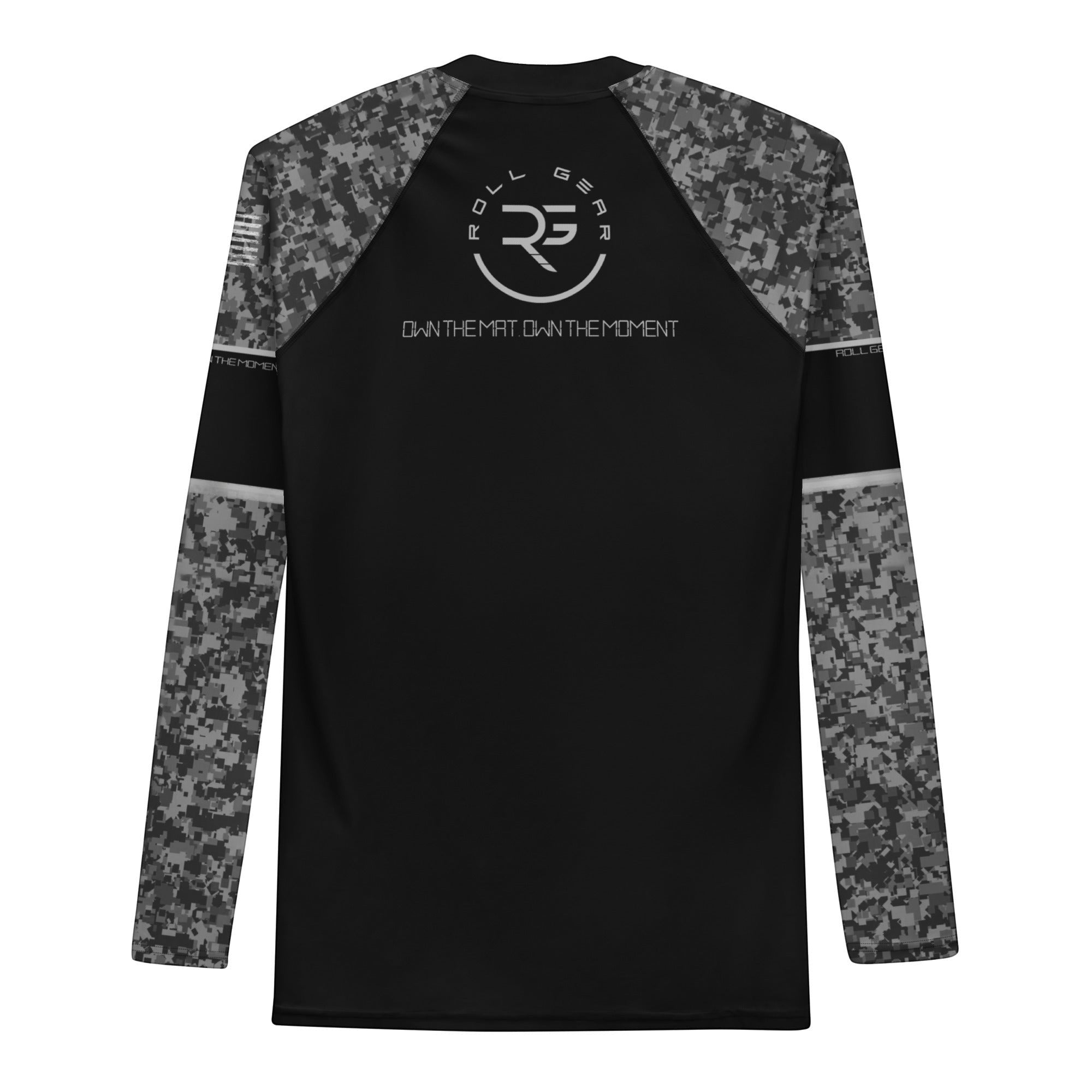 Roll Gear Men's SWAT Edition long sleeve rash guard in black with urban camo sleeves and tactical graphics.