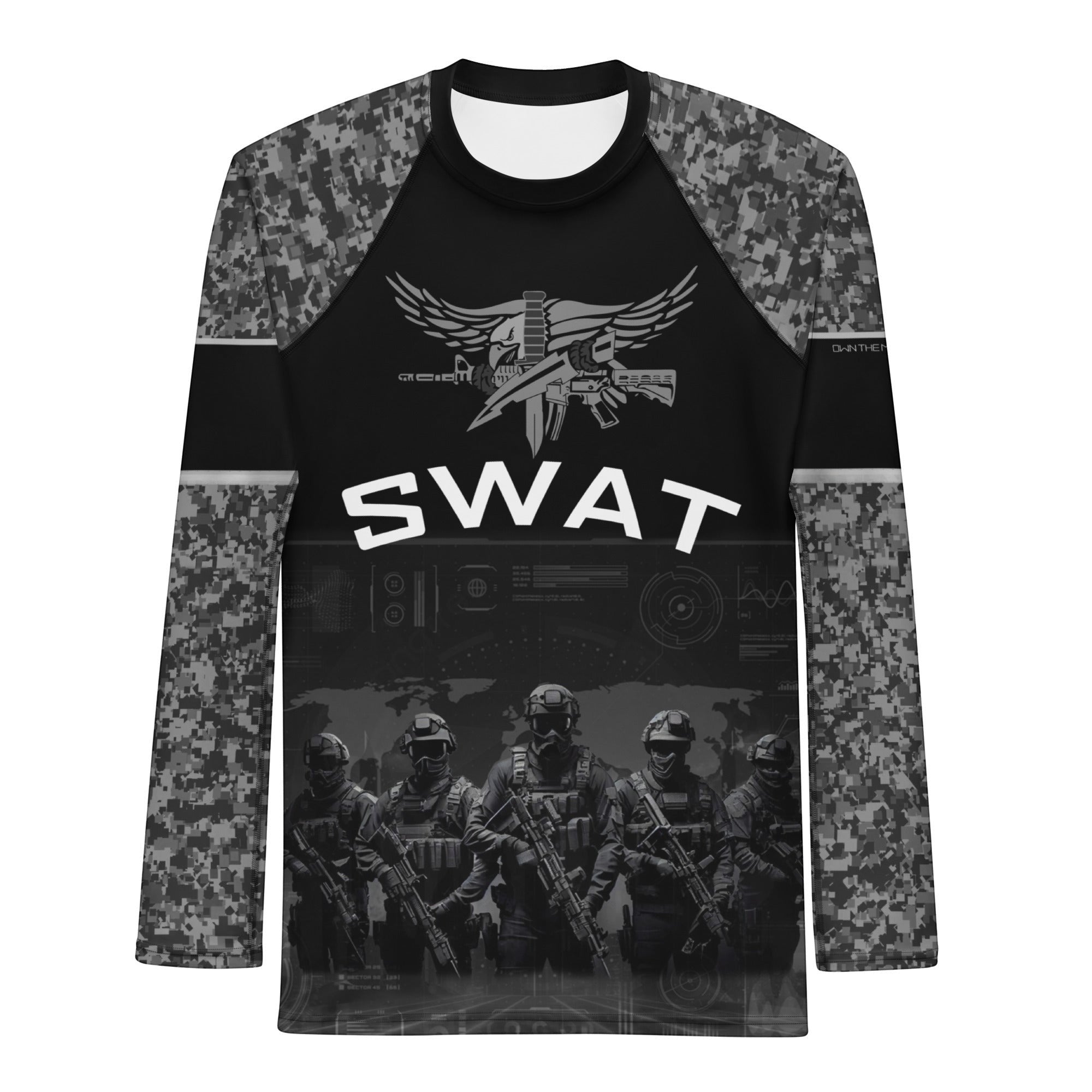 Roll Gear Men's SWAT Edition long sleeve rash guard in black with urban camo sleeves, tactical eagle emblem, and SWAT team graphic.