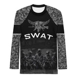Roll Gear Men's SWAT Edition long sleeve rash guard in black with urban camo sleeves, tactical eagle emblem, and SWAT team graphic.