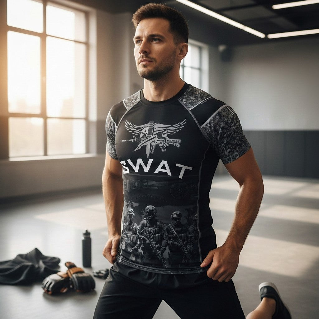 Roll Gear Unisex SWAT Edition Short Sleeve Rash Guard – Black & Urban Camo, man kneeling in a training gym.