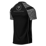 Roll Gear Unisex SWAT Edition Short Sleeve Rash Guard, angled back view, Roll Gear emblem and urban camo sleeves.
