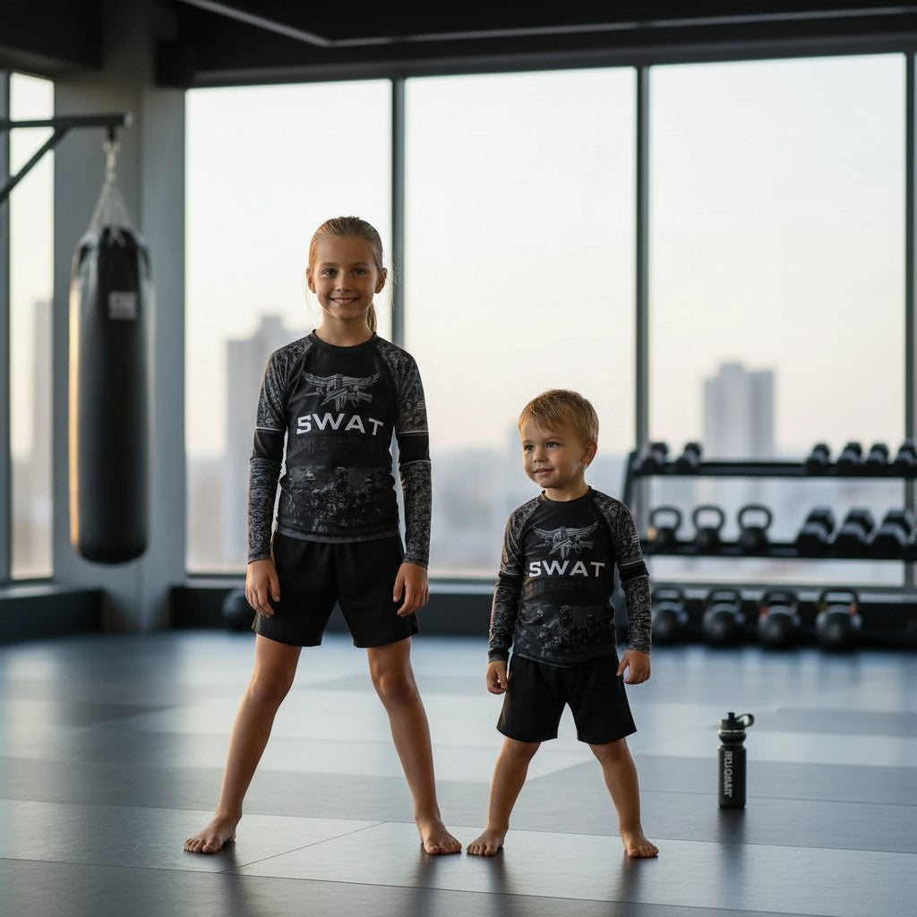 Roll Gear Kids SWAT Edition Long Sleeve Rash Guard, worn by two young athletes standing in the gym.