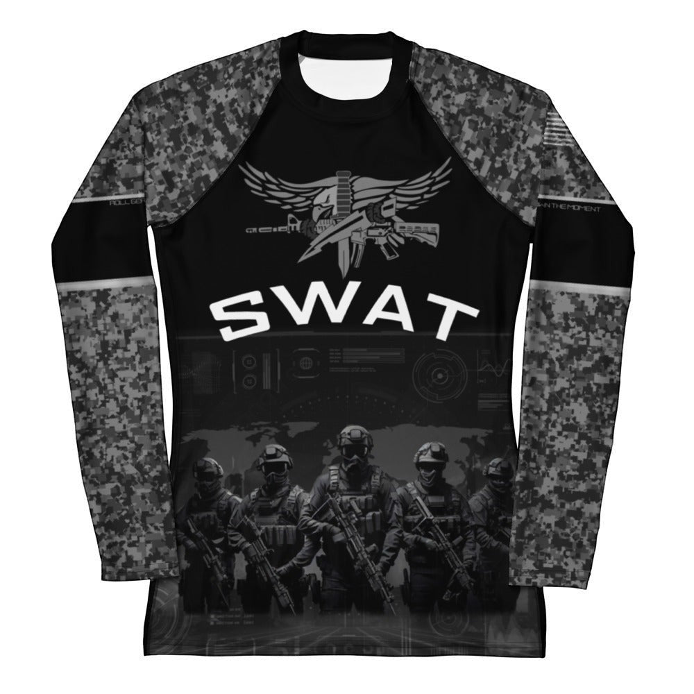 Roll Gear Women's SWAT Edition Long Sleeve Rash Guard, flat front view, SWAT chest graphic and urban camo sleeves.
