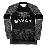 Roll Gear Women's SWAT Edition Long Sleeve Rash Guard, flat front view, SWAT chest graphic and urban camo sleeves.