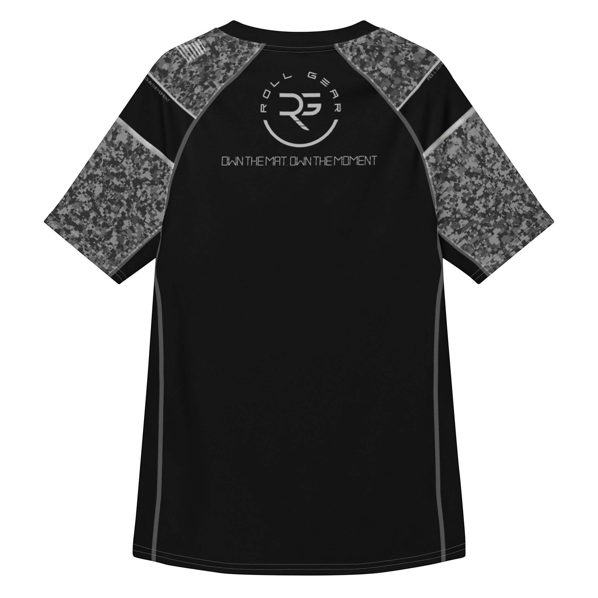 Roll Gear Unisex SWAT Edition Short Sleeve Rash Guard, flat back view, Roll Gear emblem and urban camo sleeves.