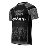 Roll Gear Unisex SWAT Edition Short Sleeve Rash Guard, angled front view, SWAT chest graphic and urban camo sleeves.