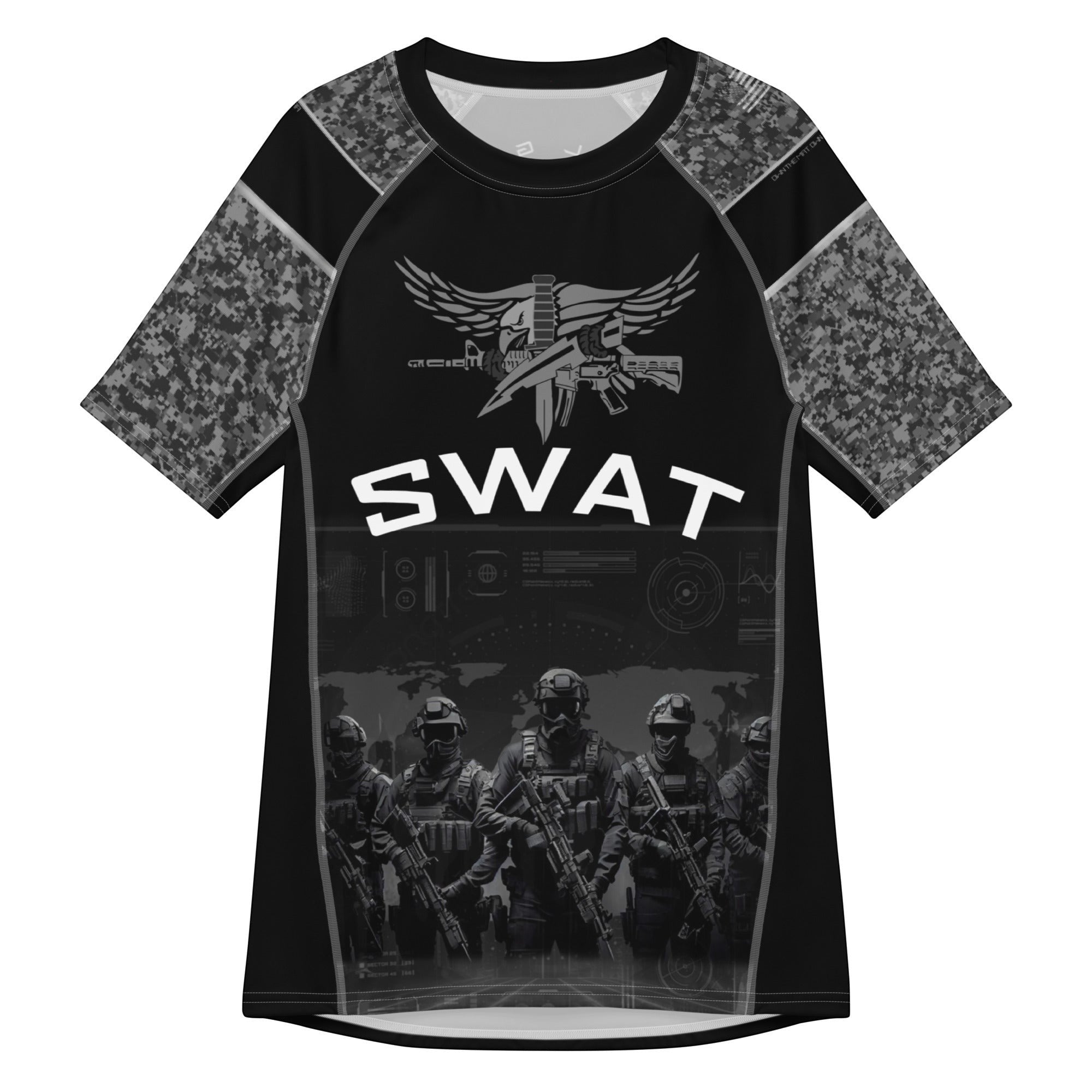 Roll Gear Unisex SWAT Edition Short Sleeve Rash Guard, flat front view, SWAT chest graphic and urban camo sleeves.