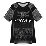 Roll Gear Unisex SWAT Edition Short Sleeve Rash Guard, flat front view, SWAT chest graphic and urban camo sleeves.