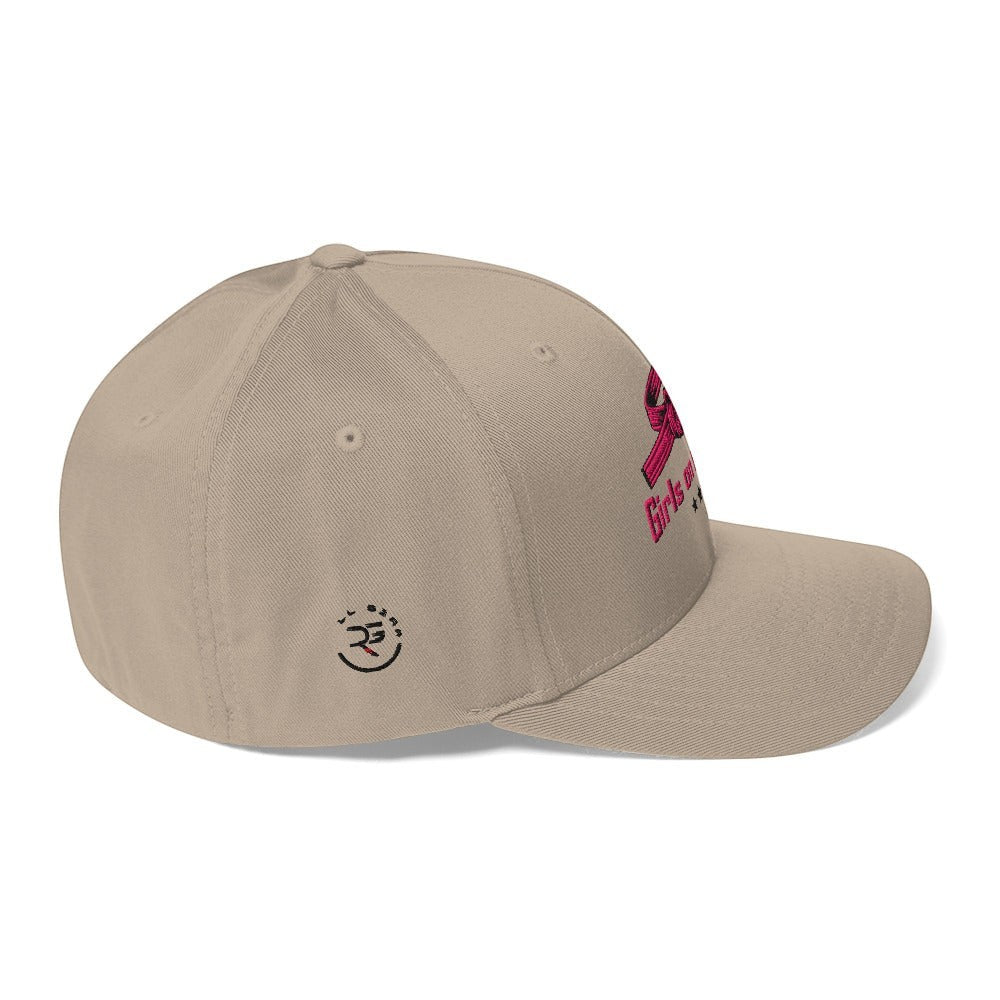 Roll Gear tan baseball cap with pink embroidered Girls on the Mat logo and belt graphic. Structured, stretch fit.
