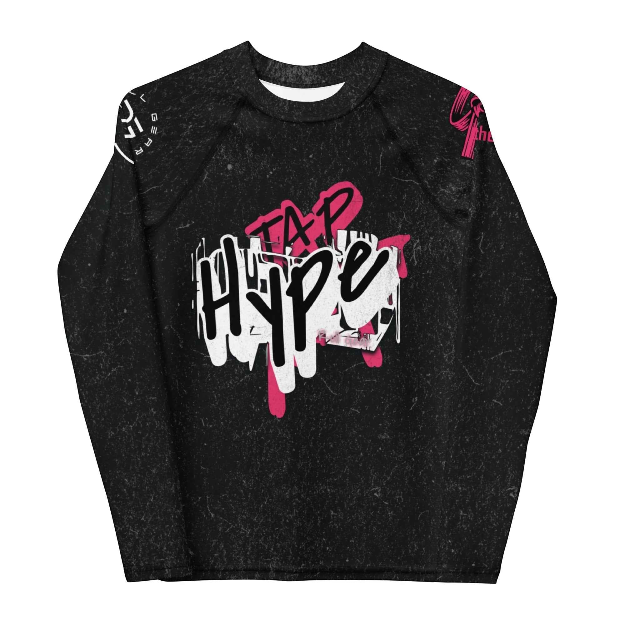 Roll Gear Tap Hype – Pink Edition Youth Long-Sleeve BJJ Rash Guard, flat back view, pink No Quit Just Grit print.