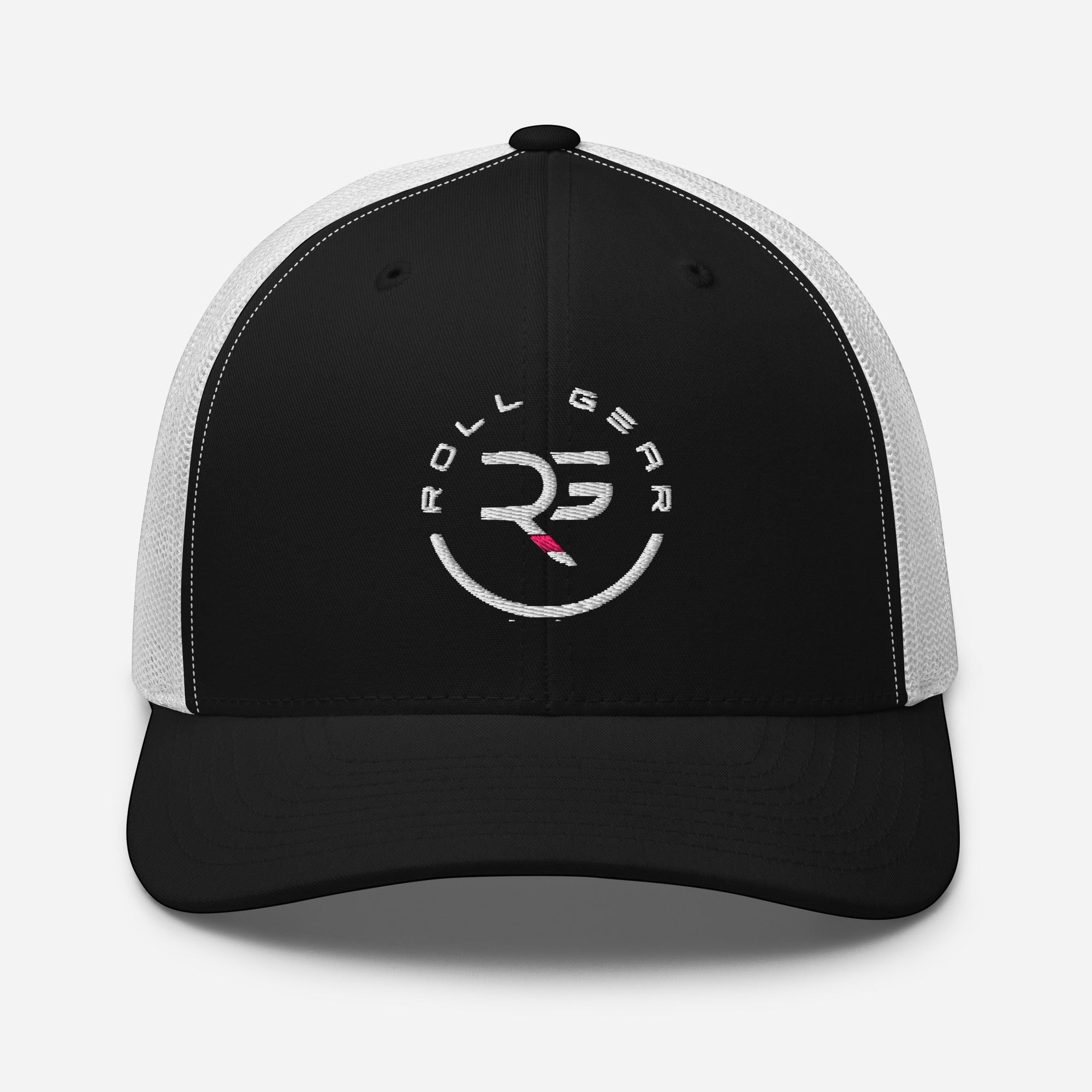 Roll Gear black trucker cap with white mesh back and embroidered logo on front. Structured six-panel design.