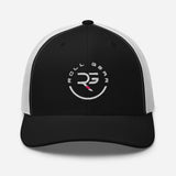 Roll Gear black trucker cap with white mesh back and embroidered logo on front. Structured six-panel design.