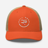 Roll Gear trucker cap in orange with a tan mesh back and embroidered logo. Structured six-panel design with adjustable snapback.
