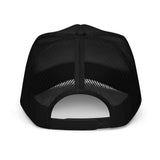 Roll Gear black trucker hat with mesh back and adjustable snapback closure.