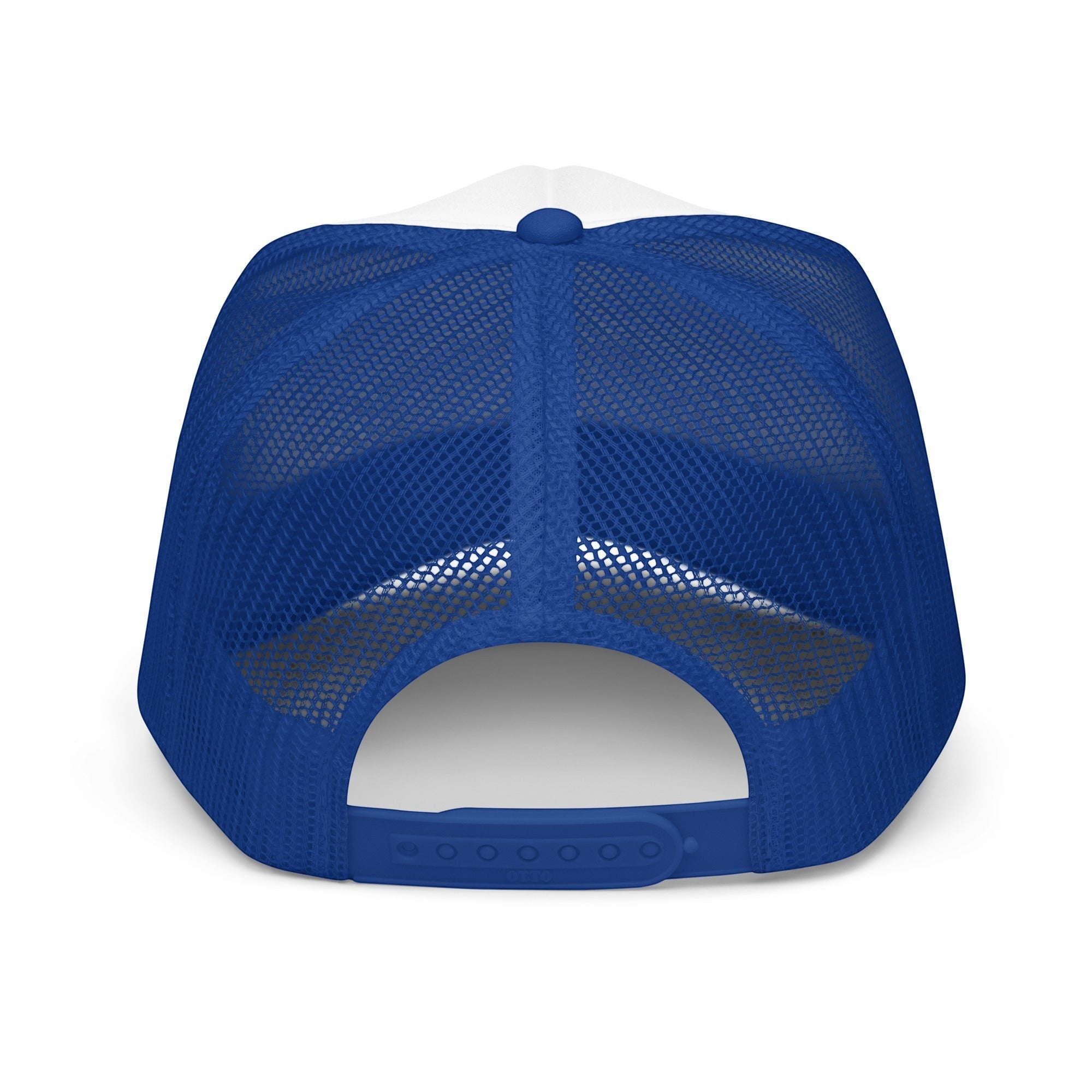 Roll Gear trucker hat in royal blue with white front panel and mesh back. Features adjustable snapback closure.
