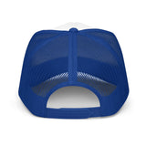 Roll Gear trucker hat in royal blue with white front panel and mesh back. Features adjustable snapback closure.