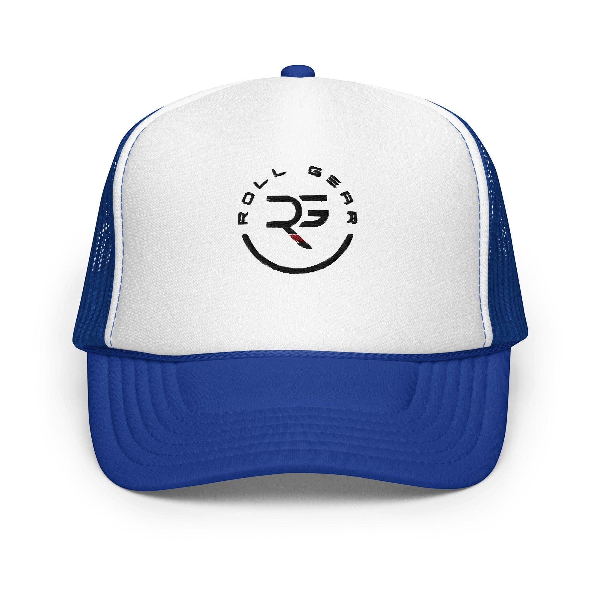 Roll Gear trucker hat with white front panel and blue mesh back. Features embroidered logo.