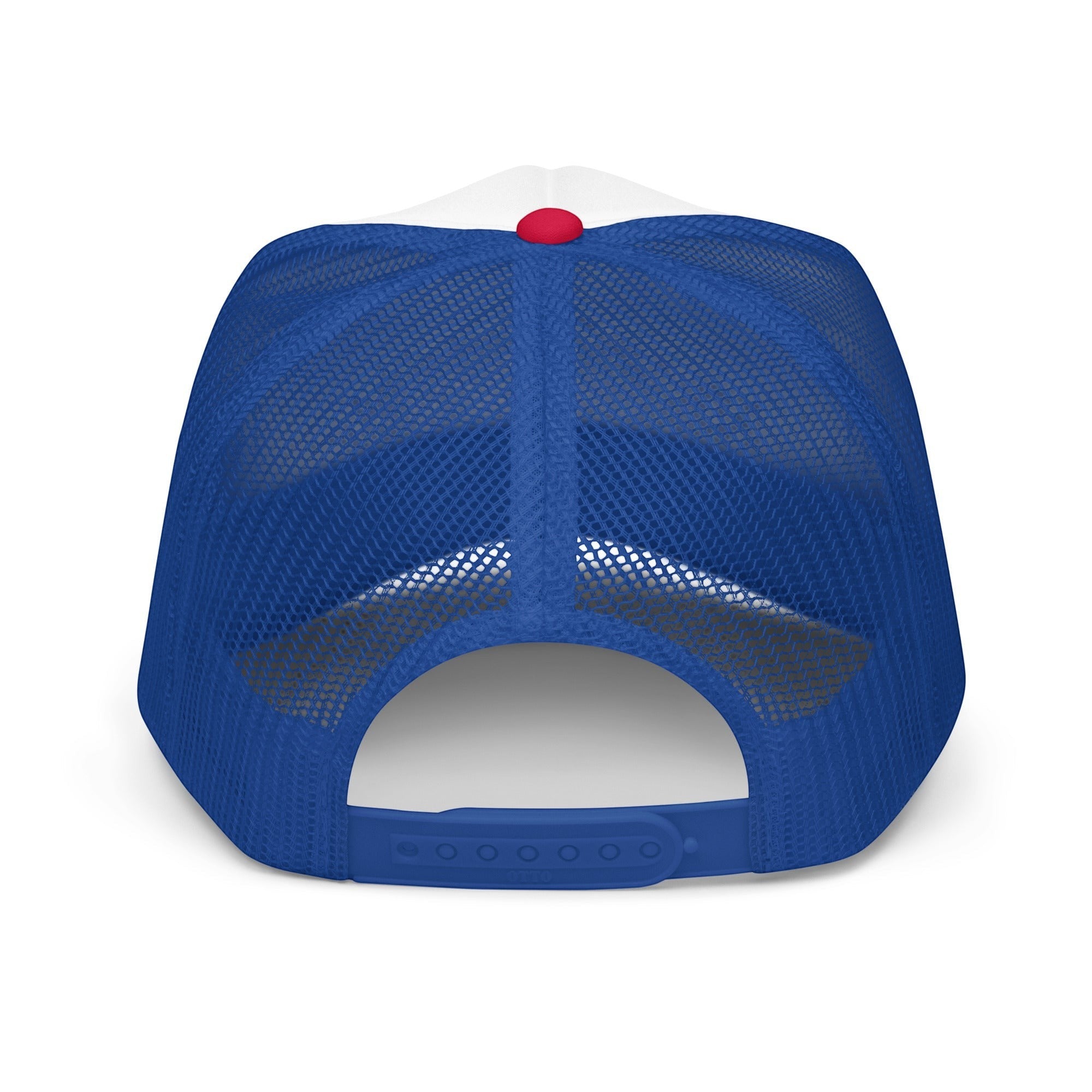 Roll Gear trucker hat in white, royal blue, and red. Features mesh back and adjustable snapback.