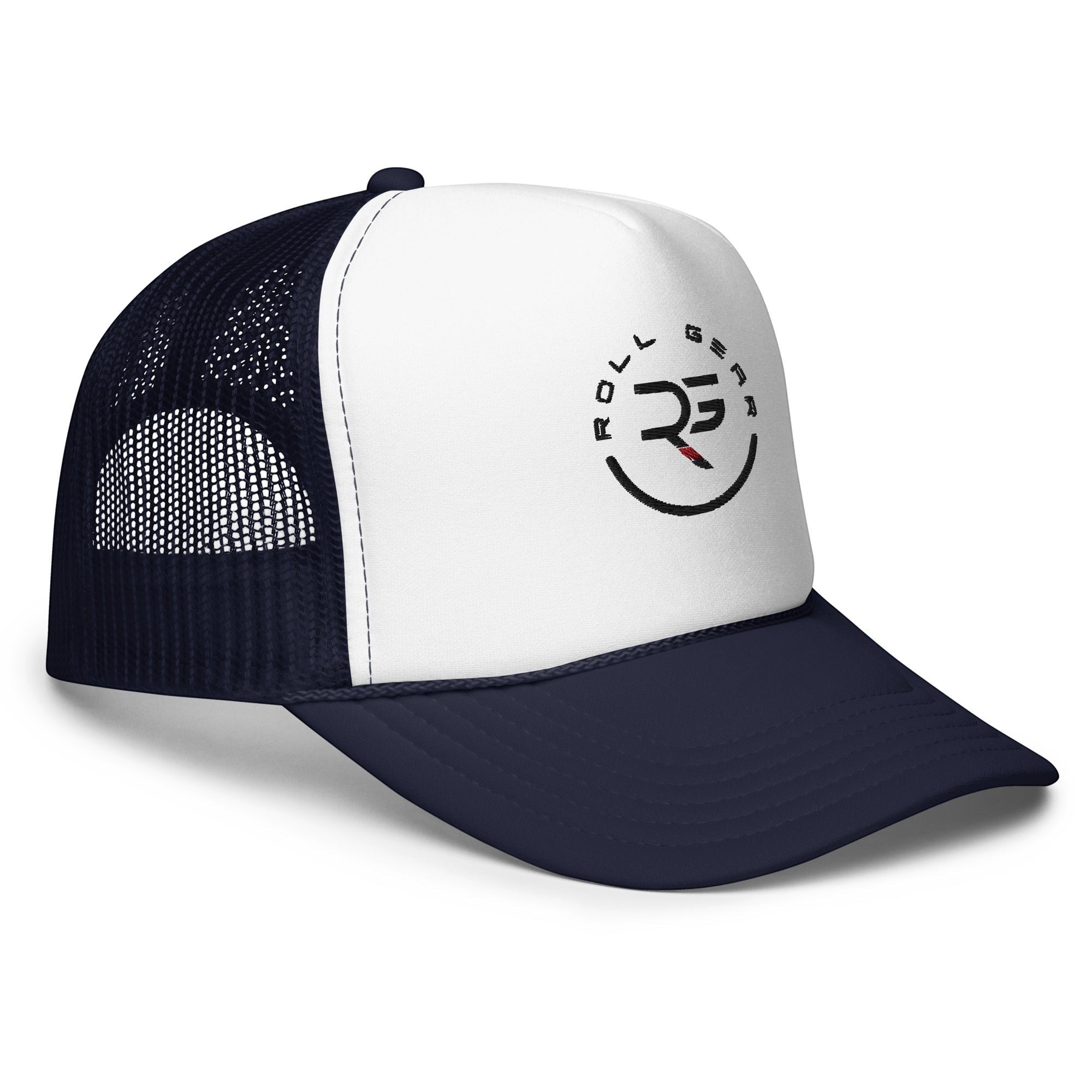 Roll Gear trucker hat with white front panel, navy mesh back, and embroidered logo.