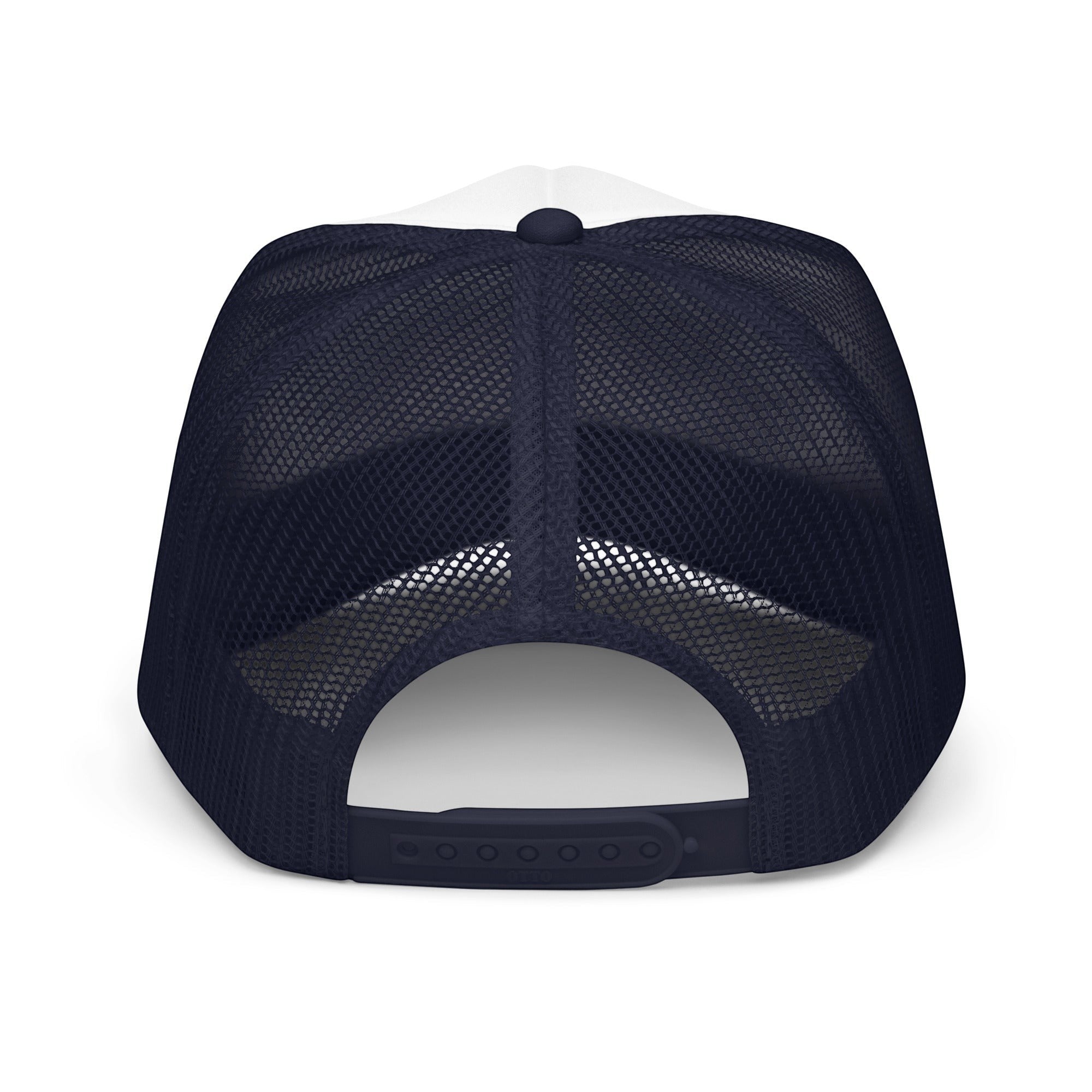 Roll Gear trucker hat with white front panel and navy mesh back. Features adjustable snapback closure.