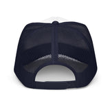 Roll Gear trucker hat with white front panel and navy mesh back. Features adjustable snapback closure.