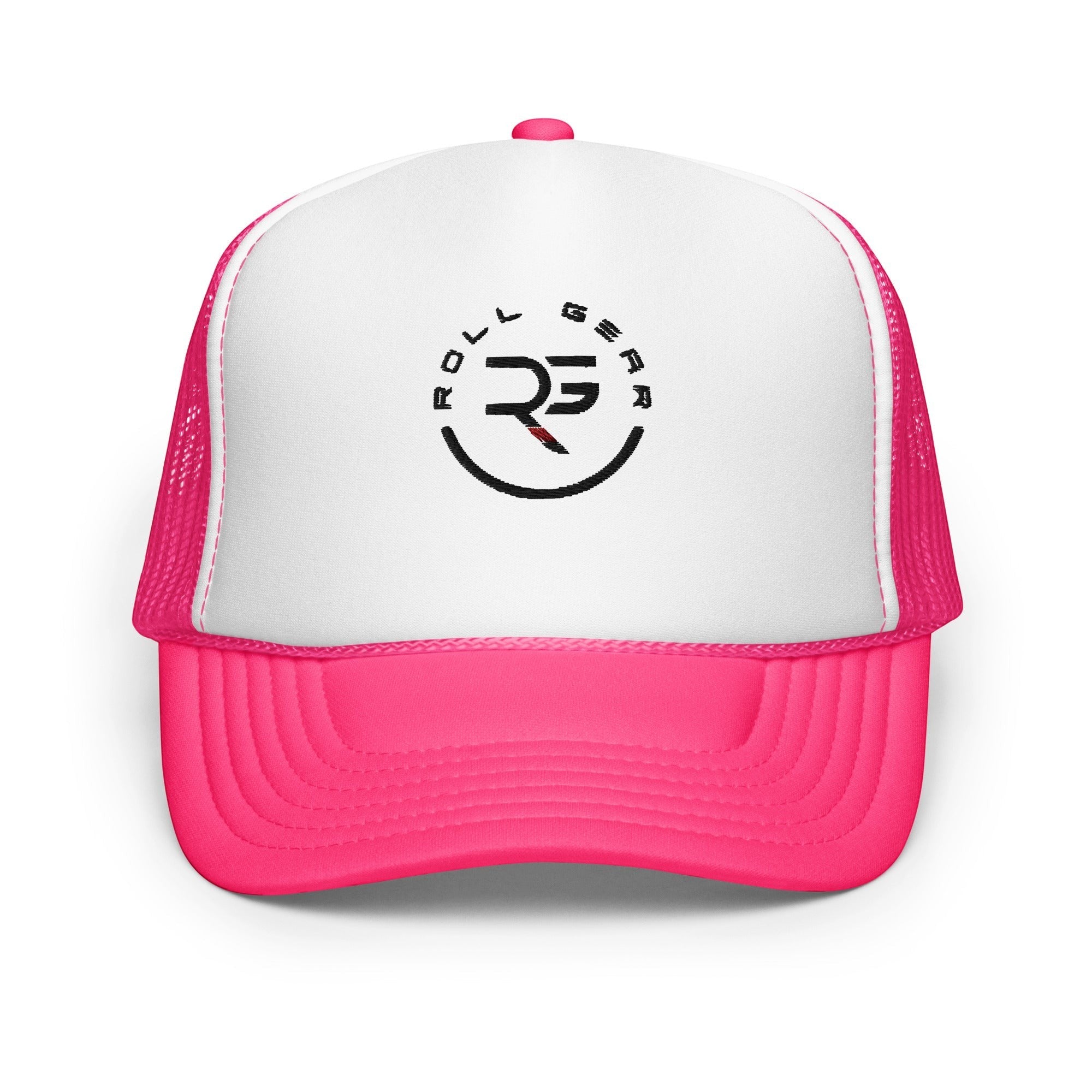 Roll Gear trucker hat with white front panel, embroidered logo, and hot pink mesh back and bill. Adjustable snapback.