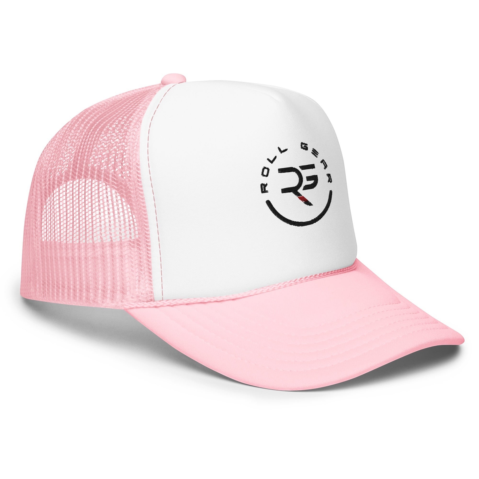 Roll Gear trucker hat with white front panel, pink mesh back, and pink bill. Features embroidered logo.