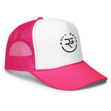 Roll Gear trucker hat in white with pink mesh back and brim, featuring embroidered logo.