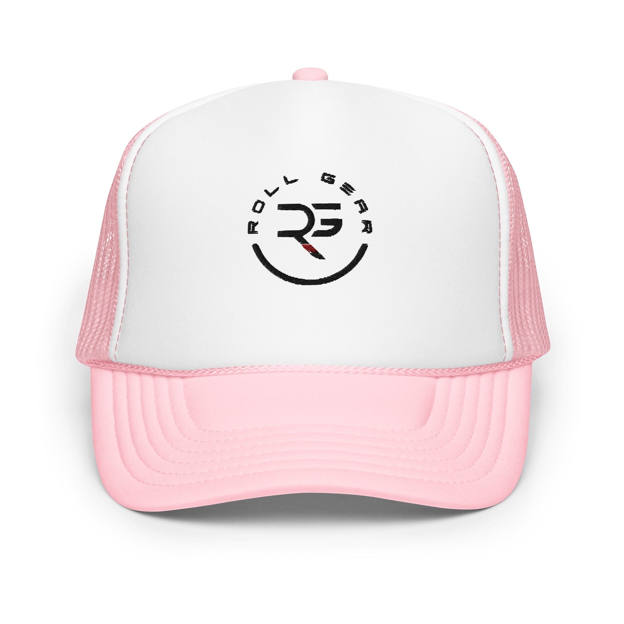 Roll Gear trucker hat with white front panel, pink brim, and mesh back. Features embroidered logo.