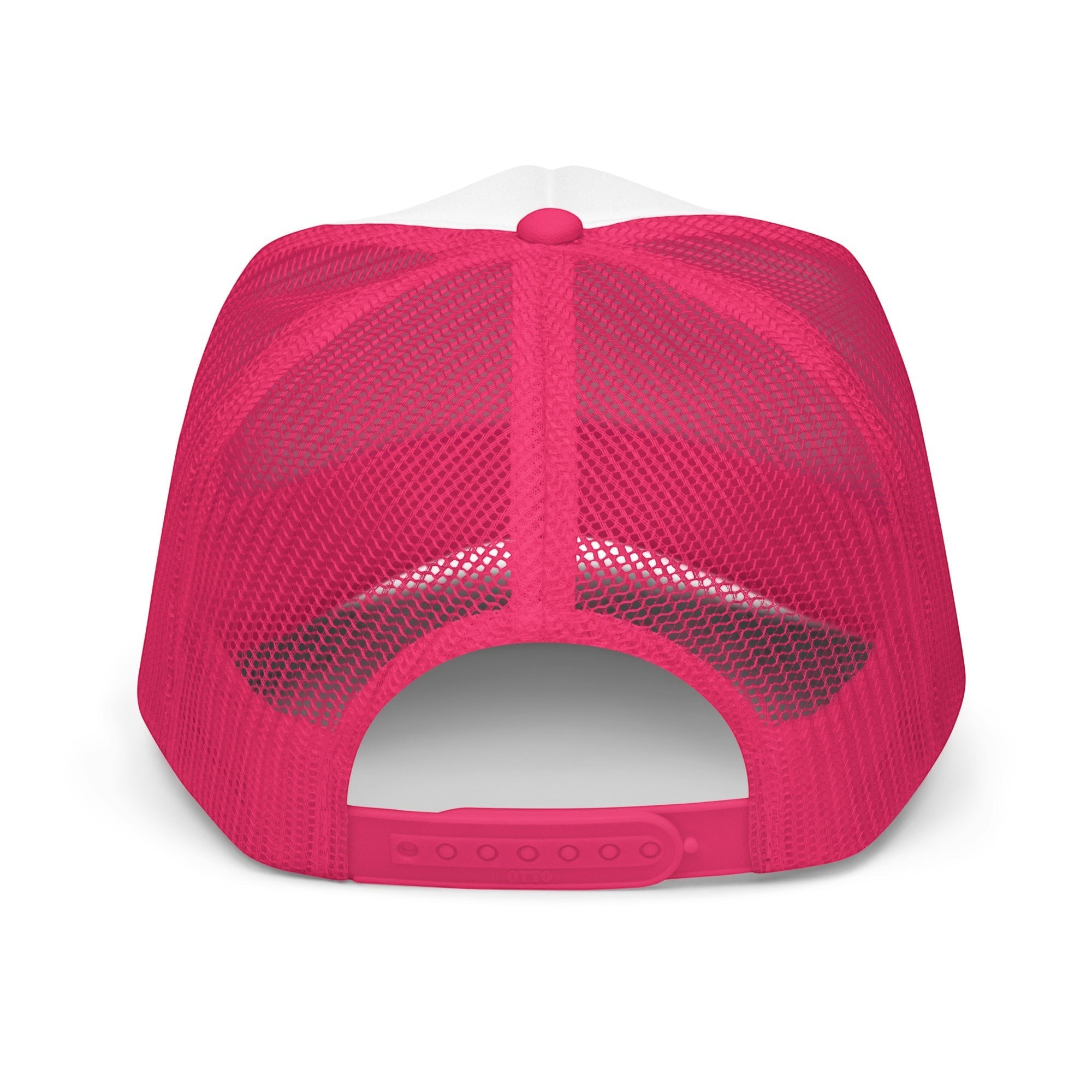 Roll Gear trucker hat with white front and hot pink mesh back. Features adjustable snapback closure.