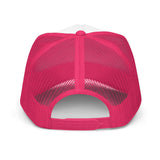 Roll Gear trucker hat with white front and hot pink mesh back. Features adjustable snapback closure.