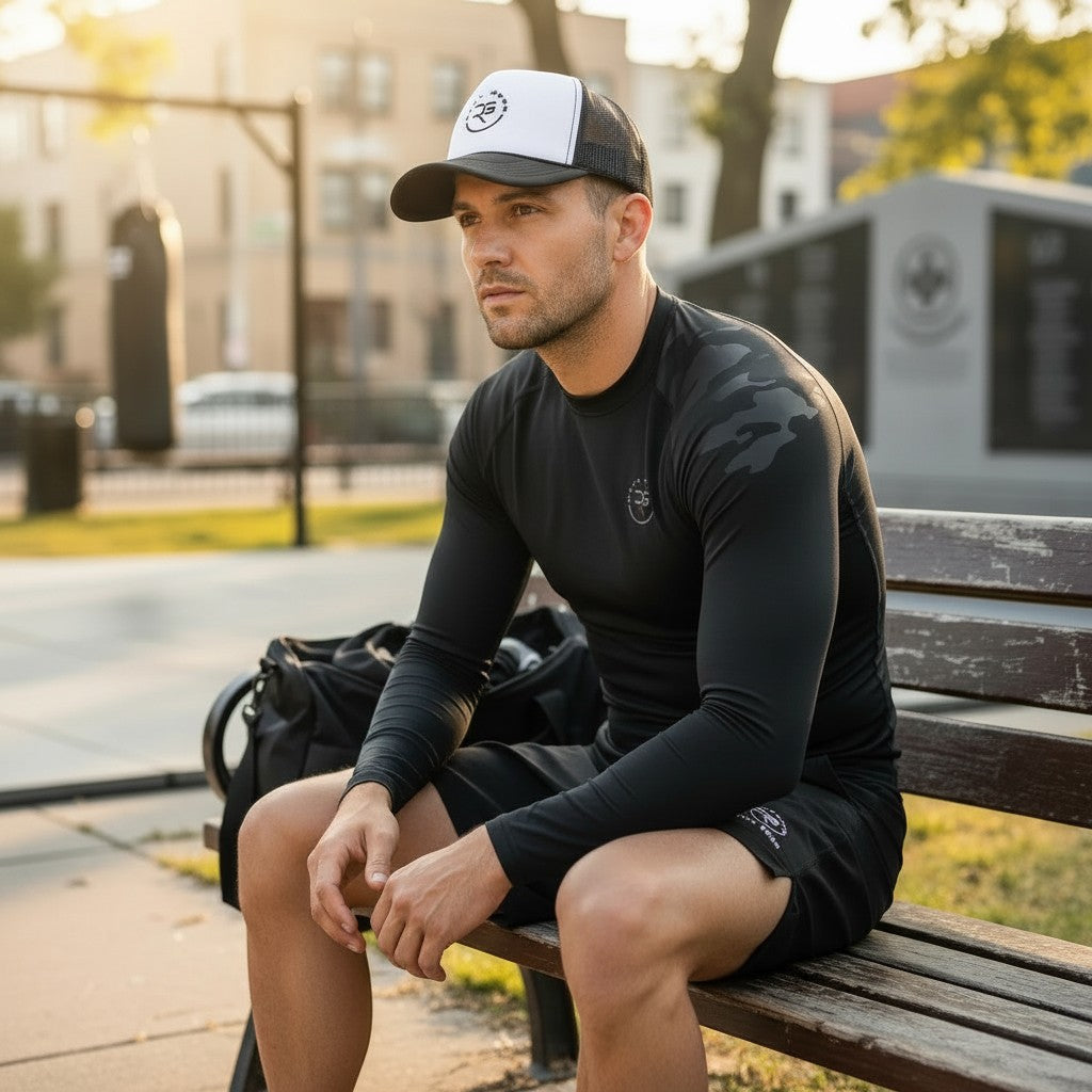 Roll Gear trucker hat with white front panel and black mesh back, worn by a man sitting on a bench.