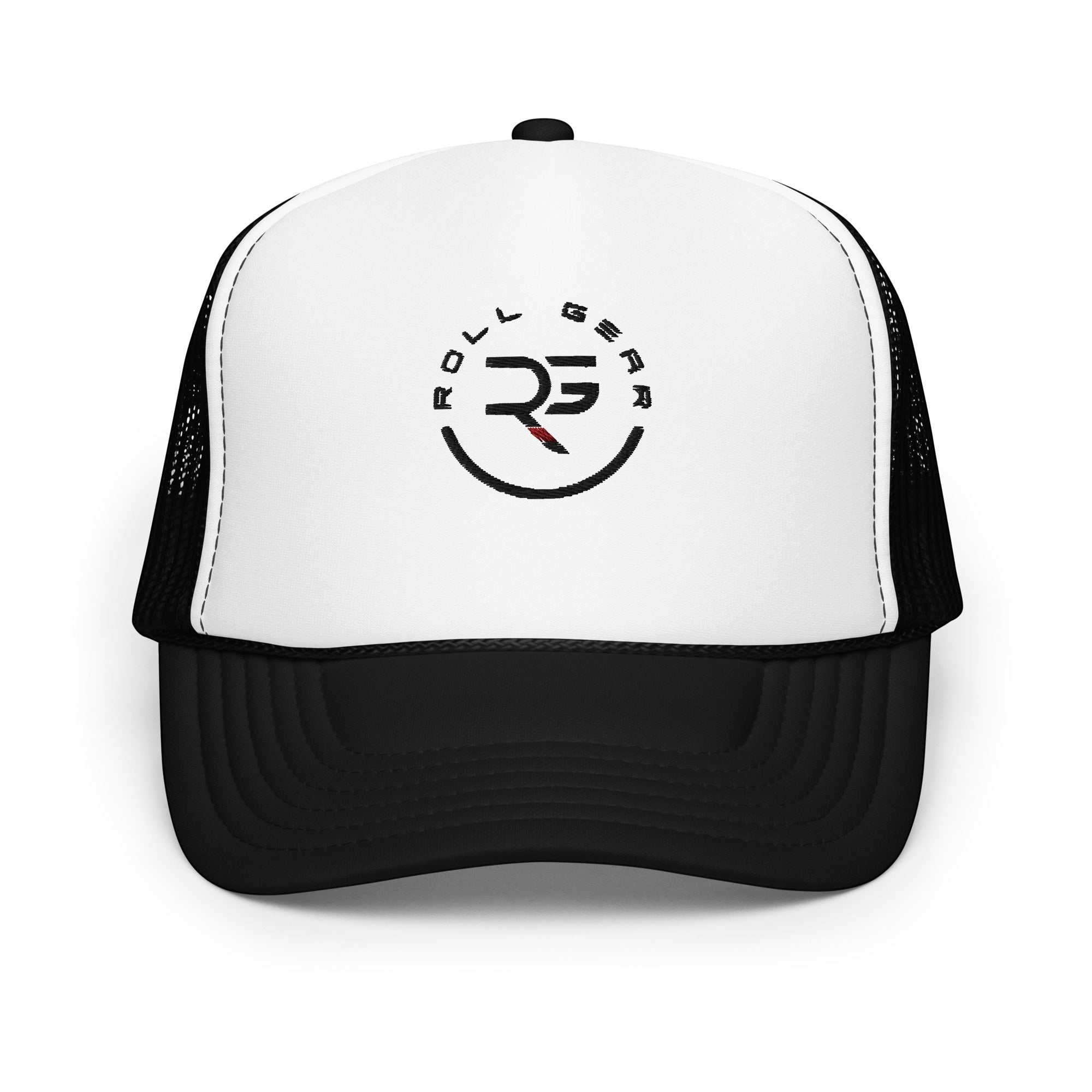 Roll Gear trucker hat with white front panel, black mesh back, and embroidered logo. Adjustable snapback.