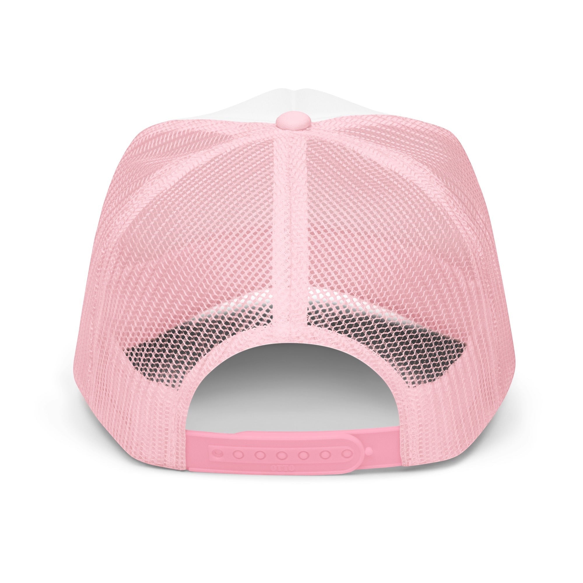 Roll Gear trucker hat in white and pink with mesh back and adjustable snapback closure.