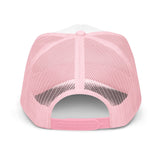 Roll Gear trucker hat in white and pink with mesh back and adjustable snapback closure.