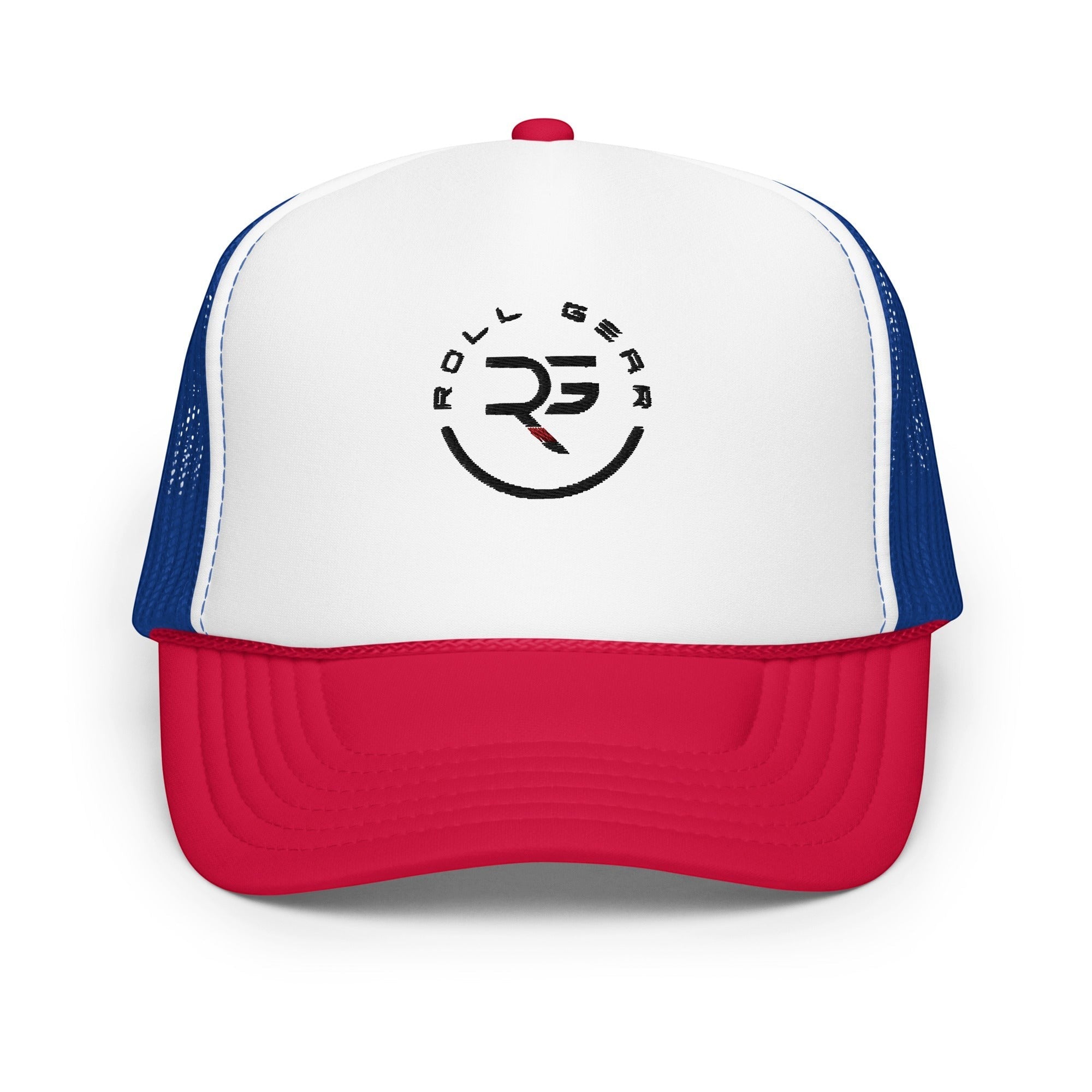 Roll Gear trucker hat with white front panel, red bill, and blue mesh back. Features embroidered logo.