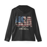 Roll Gear black hooded long sleeve shirt with distressed USA flag graphic and "MADE IN AMERICA" text on back.