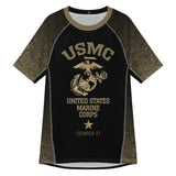 Roll Gear Unisex Marines Gold short sleeve rash guard in black with gold sleeves and USMC emblem. Ideal for athletic training.