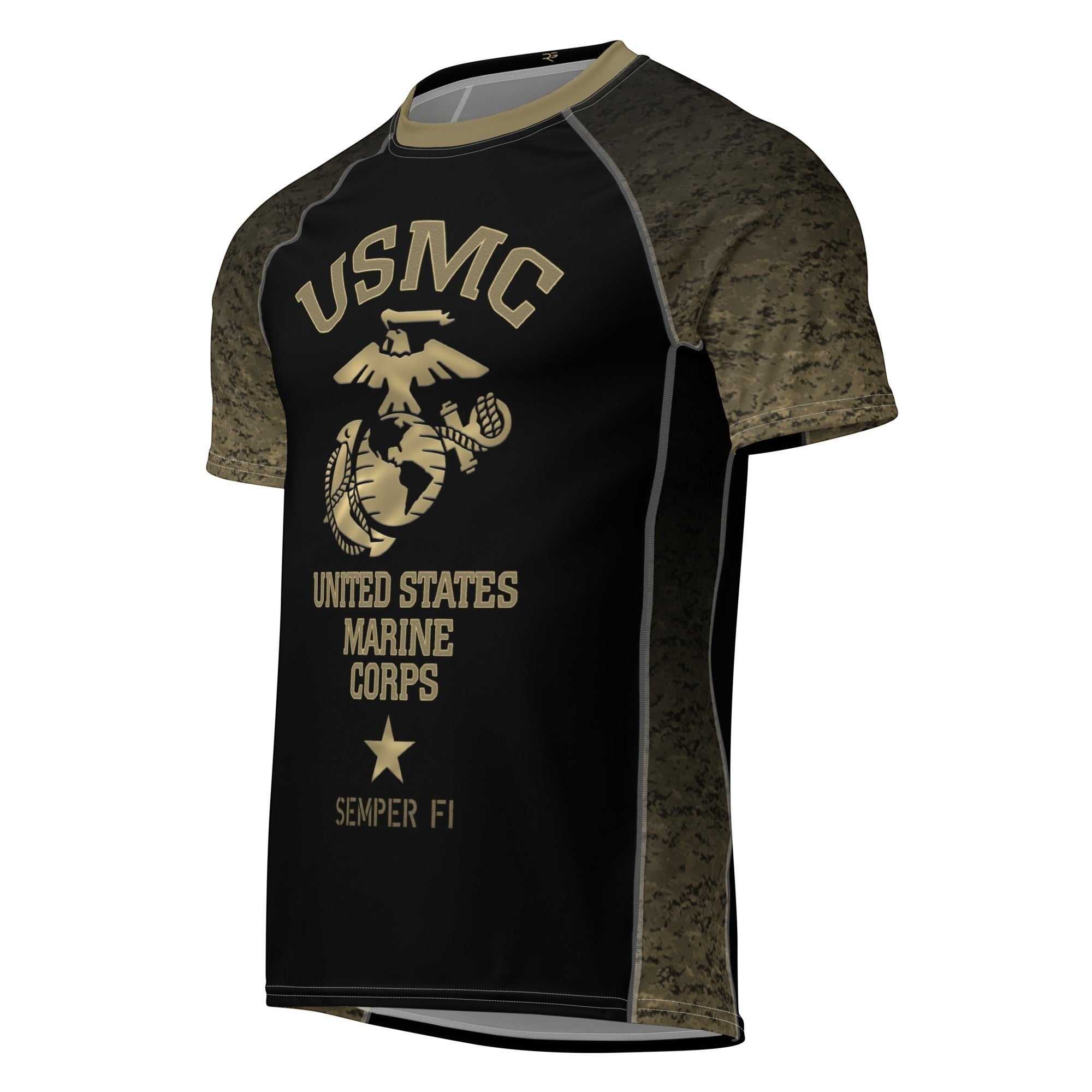 Roll Gear Unisex Marines Gold short sleeve rash guard in black with gold USMC emblem and faded gold sleeves. Performance fabric, compression fit.