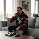 Roll Gear USMC hoodie with gold Eagle, Globe, and Anchor emblem on chest and red flag sleeves. 95% cotton, 5% elastane.