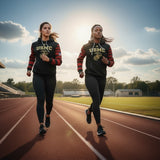 Roll Gear USMC hoodie with gold emblem and patriotic flag sleeves, worn by women training outdoors.
