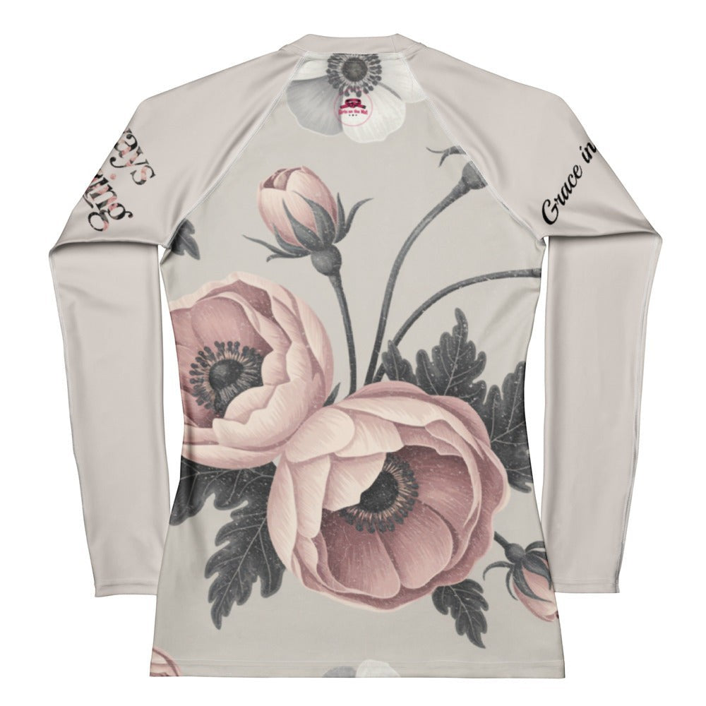Roll Gear women's long sleeve rash guard in Vintage Rose with floral print. Moisture-wicking, UPF 50+.